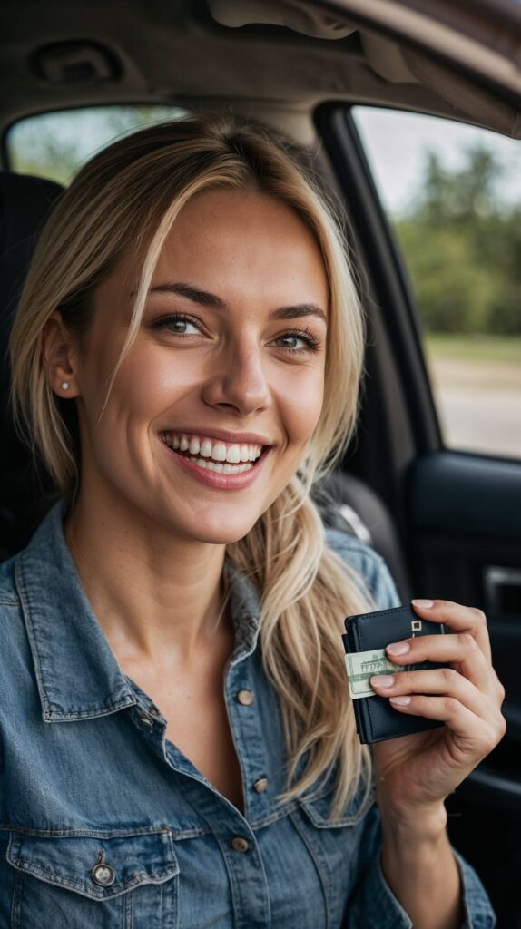 happy woman in her car