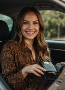 your financial situation: a woman with a wallet in her car