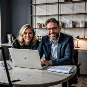 a couple in an office with a laptop