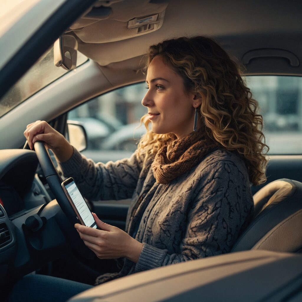 a young woman in her car searching on her mobile to buy now pay later car insurance