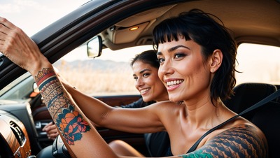 A woman with tattoos loses focus while driving, diverting her attention from the road