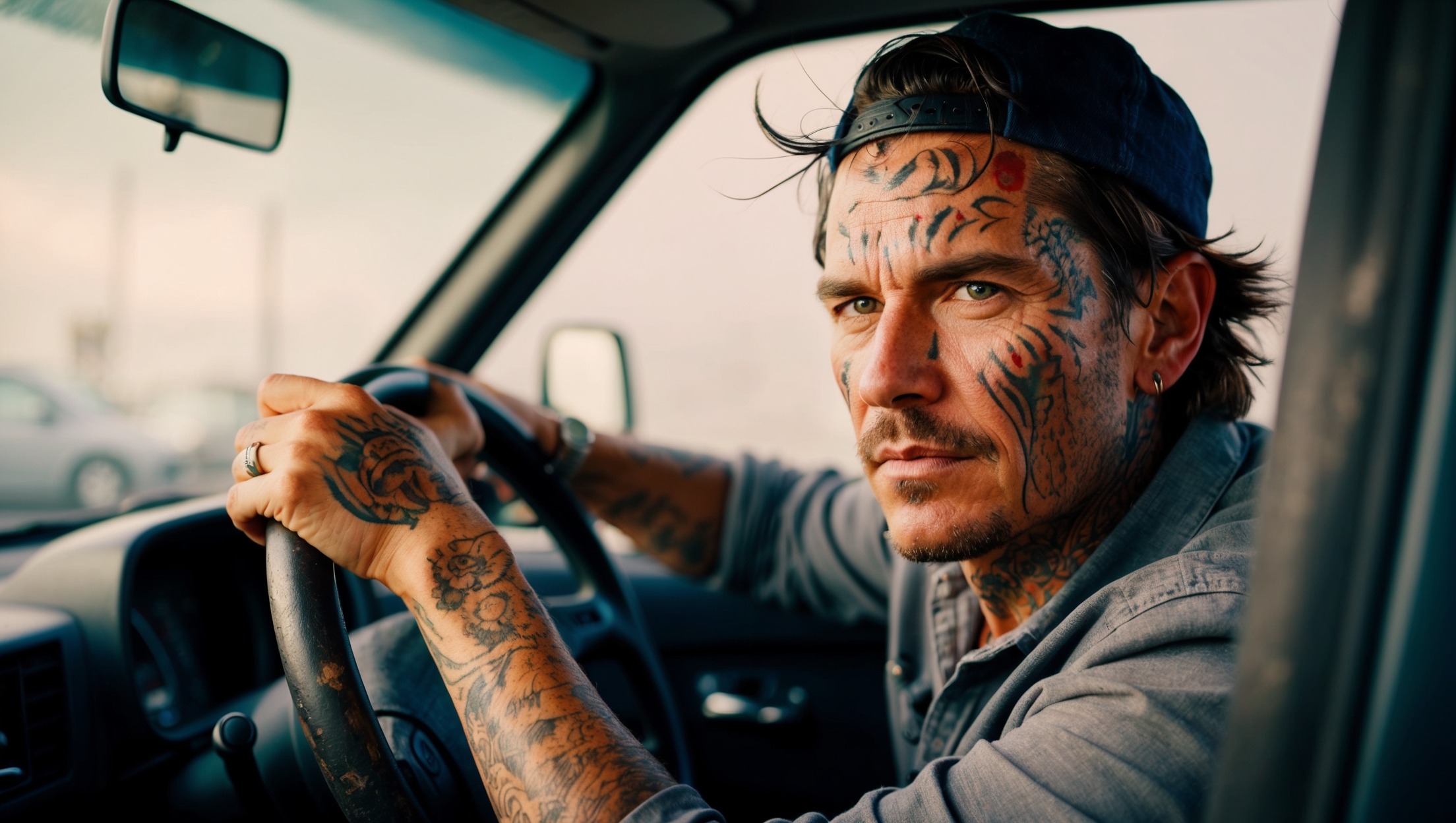 a guy driving distracted focussing on his tattoos and not on the road, showing his tattoos through the windows