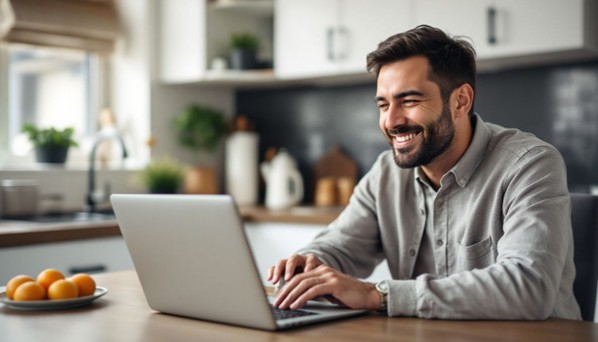 happy guy with his laptop washing his savings