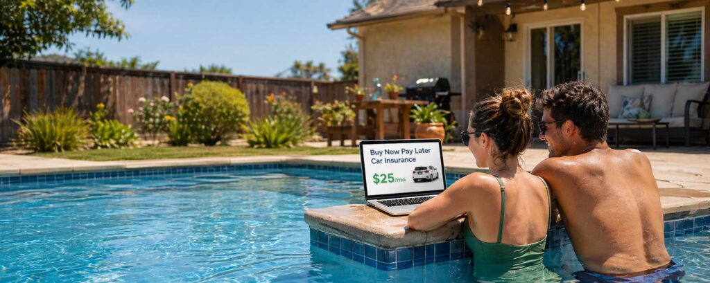 Modest young couple relaxing in a backyard pool, leaning on the pool edge and looking at a laptop displaying Buy Now Pay Later Car Insurance with a low price of $25 per month.